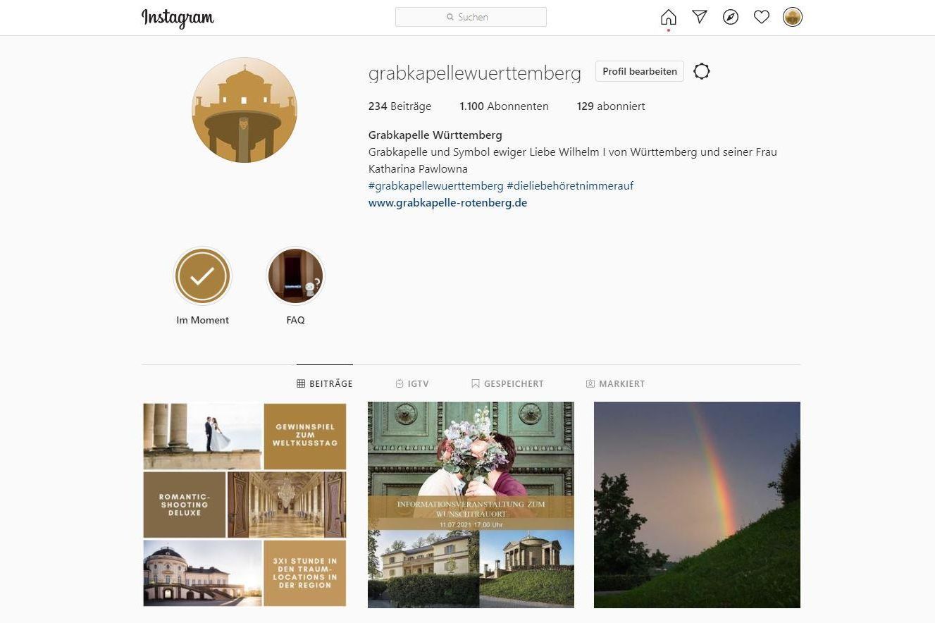 Screenshot: Staatliche Schlösser und Gärten Baden-Württemberg Grabkapelle auf dem Württemberg, Instagramseite